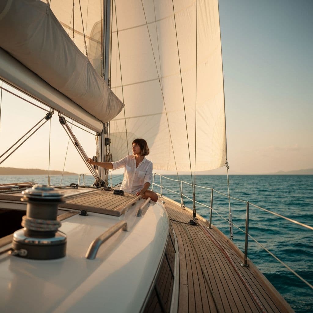 Sailor at the helm of a yacht on the open sea
