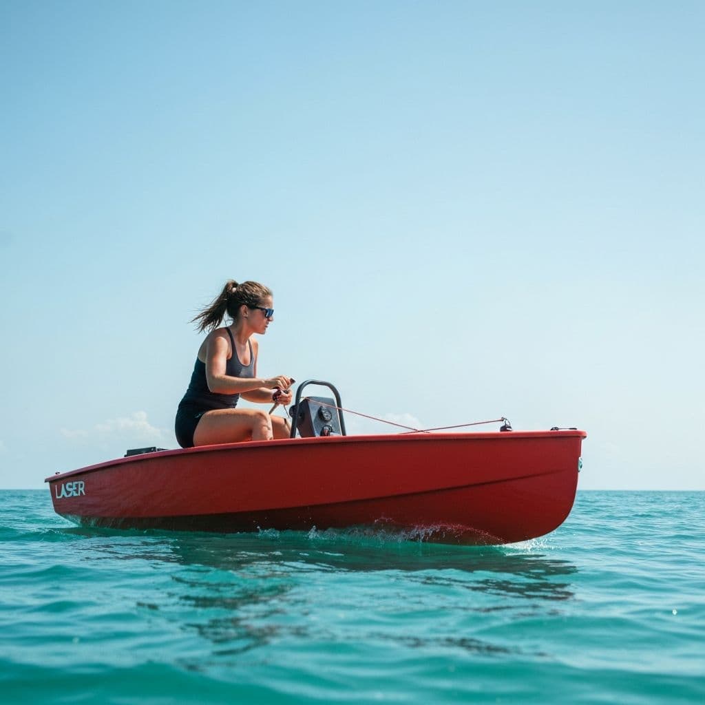 Laser Dinghy solo sailing on calm water