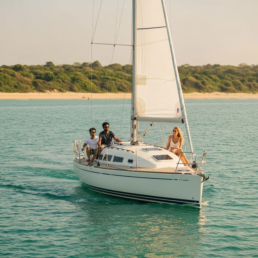 Omega keelboat with friends on a coastal sail