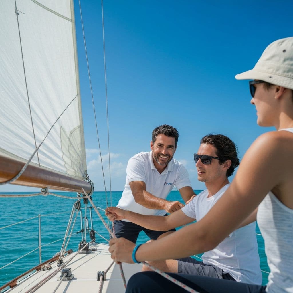 Sailing instructor teaching a student