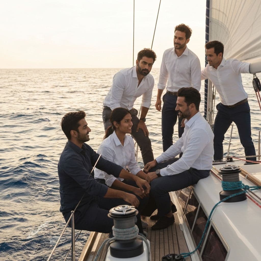 Photo: Team on a sailboat, working together, focused
