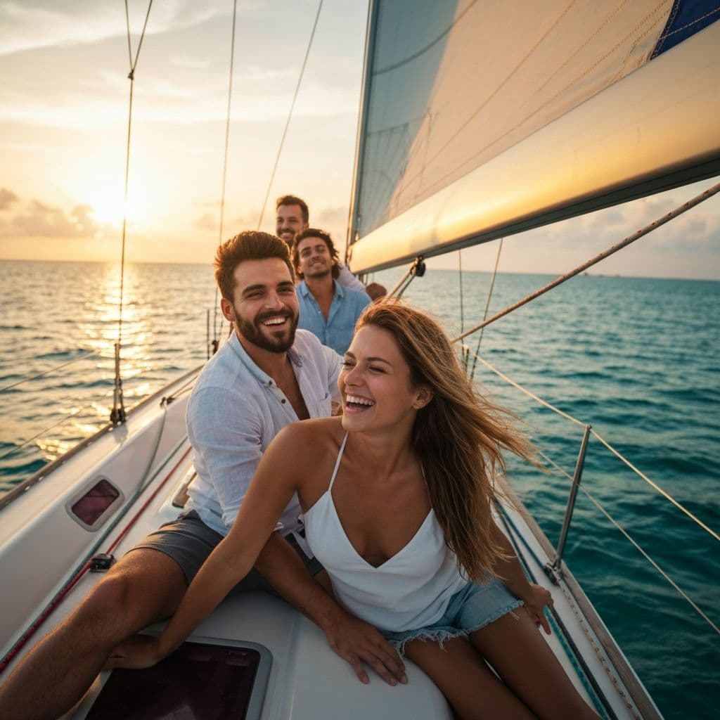 Friends enjoying a sailing experience on the Bay of Bengal