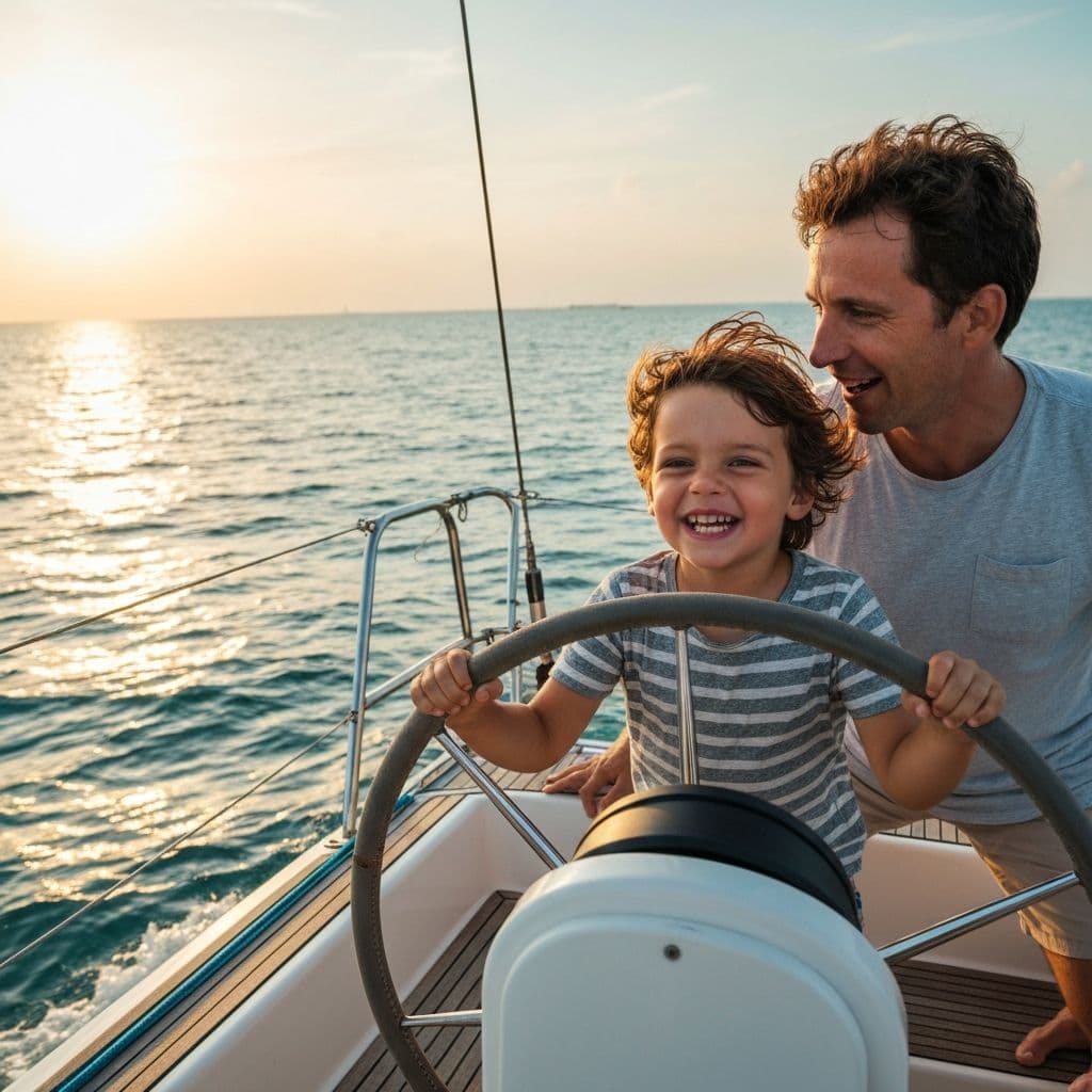 Child at the helm of a sailboat with parent watching