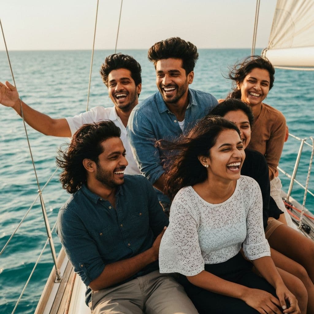 Group of friends sailing together on the Bay of Bengal