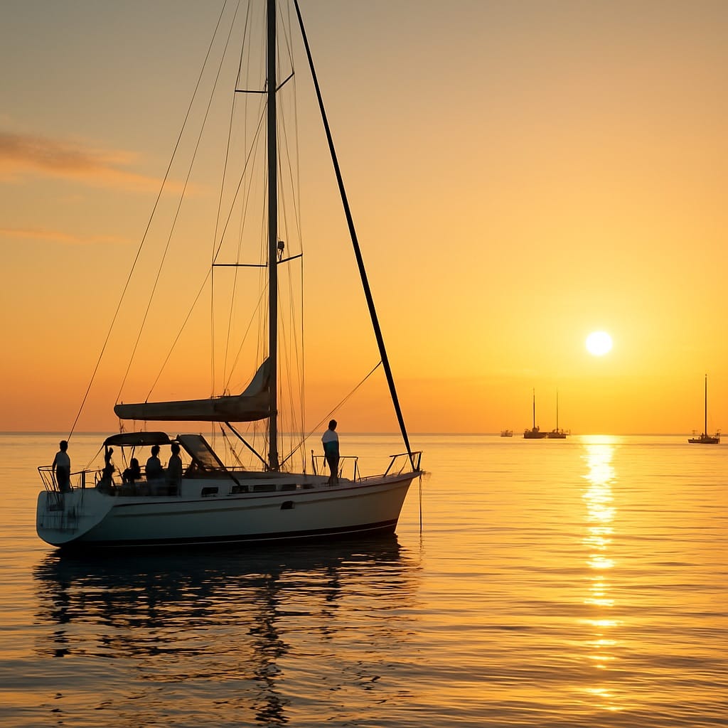 Sailboat at sunset with crew on deck